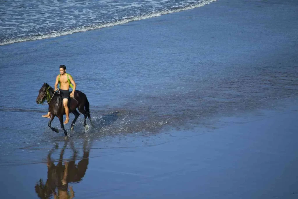 Cavalier et son cheval sur la plage de sable noir de Hiva Oa © Tahiti Tourisme