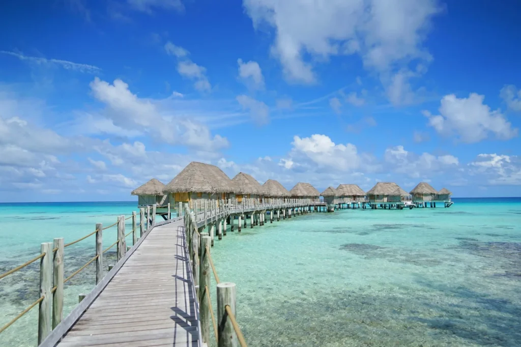 View of the bungalows under a clear sky on Tikehau © Lei Tao