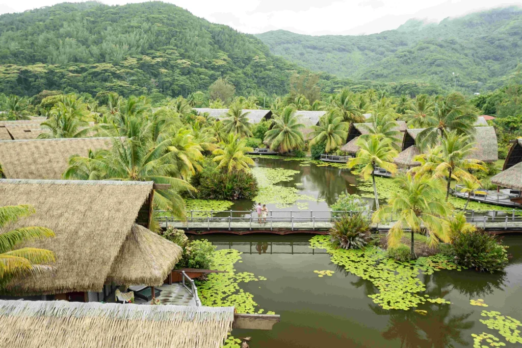 Vue sur les bungalows d'un hôtel à Huahine©_Grégoire Le Bacon _ Lionailes